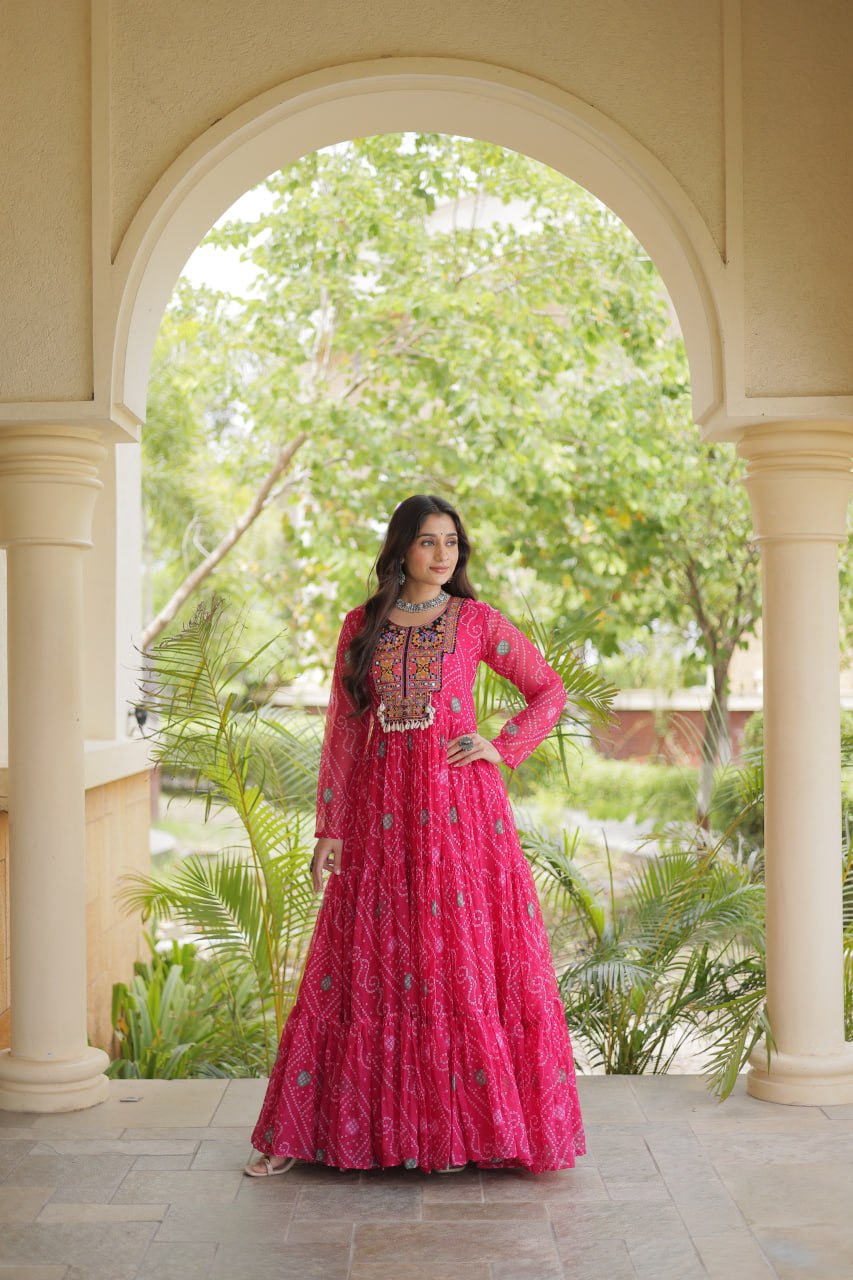 Pink Bandhani Print Gown with Patchwork