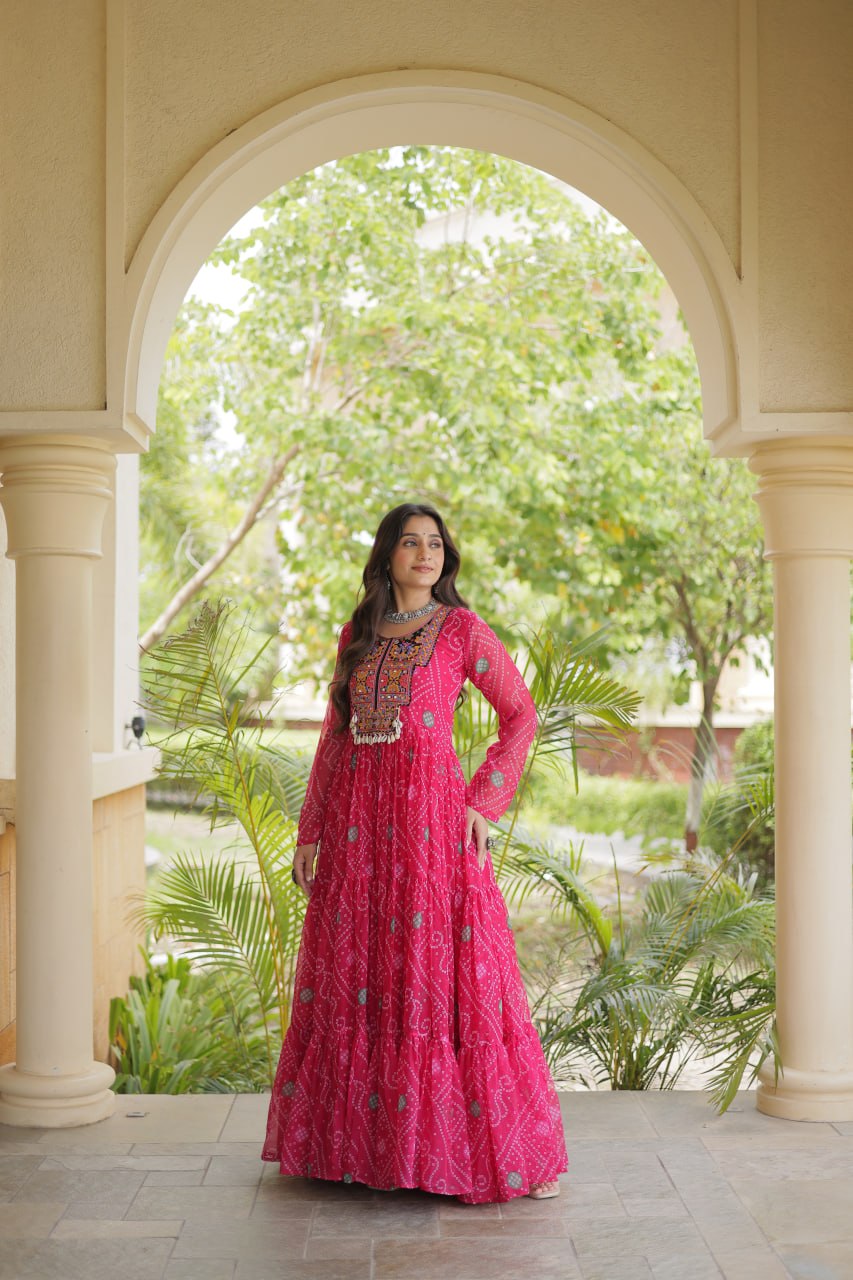 Pink Bandhani Print Gown with Patchwork