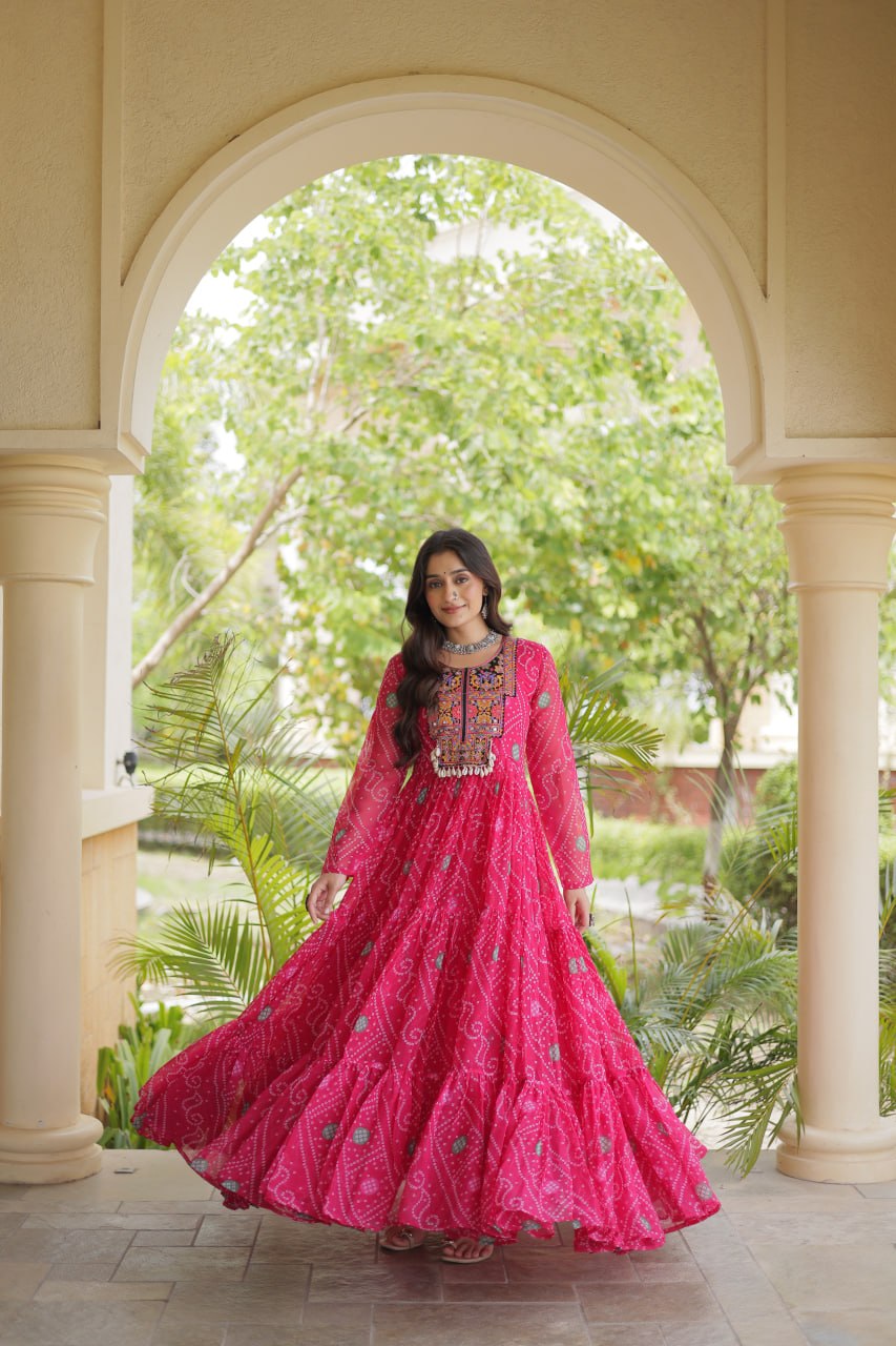 Pink Bandhani Print Gown with Patchwork