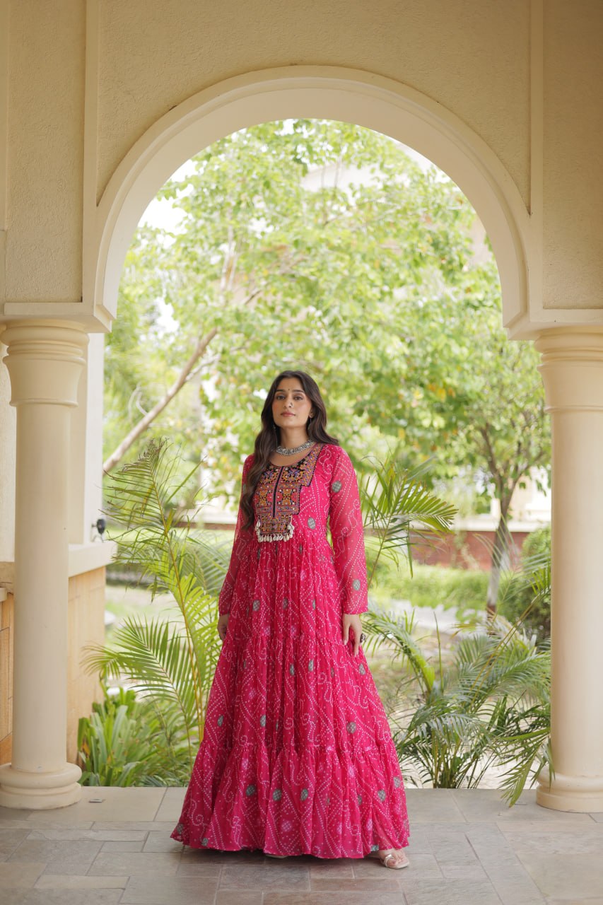 Pink Bandhani Print Gown with Patchwork