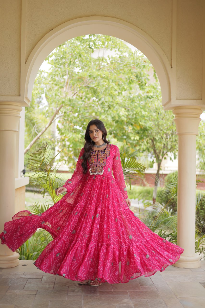 Pink Bandhani Print Gown with Patchwork