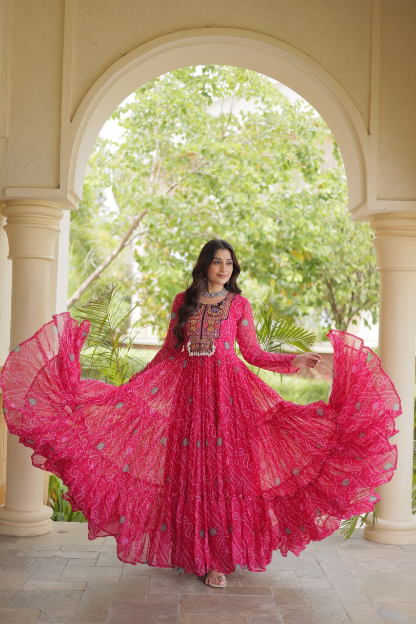 Pink Bandhani Print Gown with Patchwork