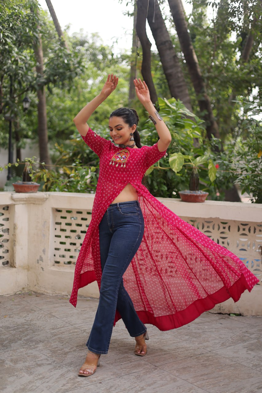 Pink Bandhani Print Kurti with Kutchi Patchwork Detailing