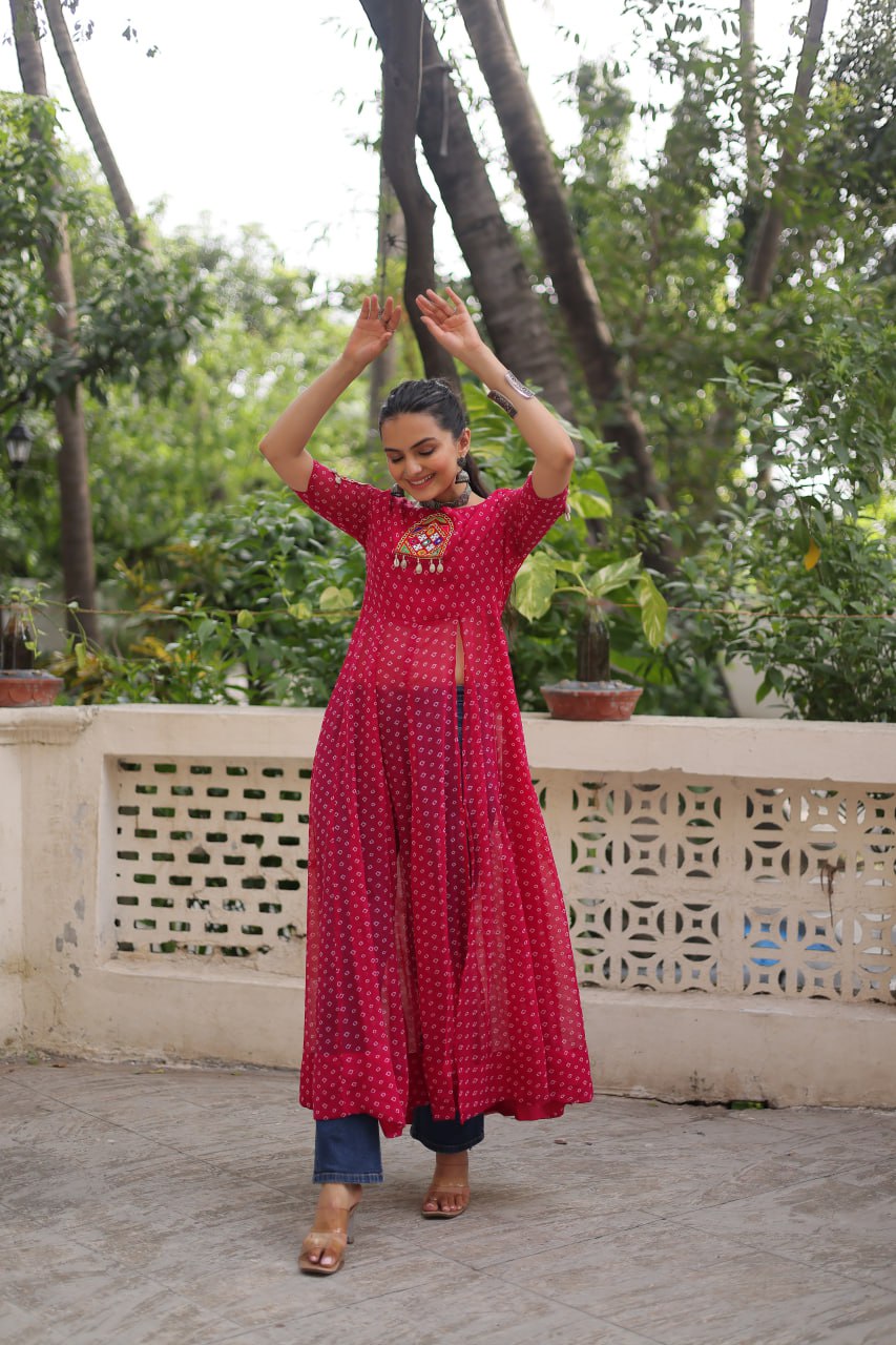 Pink Bandhani Print Kurti with Kutchi Patchwork Detailing