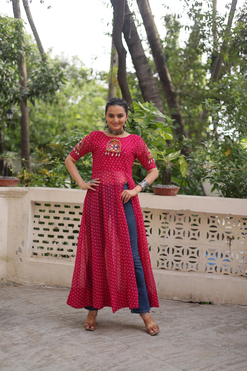 Pink Bandhani Print Kurti with Kutchi Patchwork Detailing