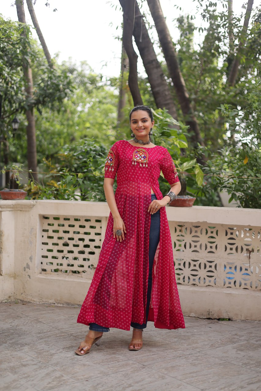 Pink Bandhani Print Kurti with Kutchi Patchwork Detailing