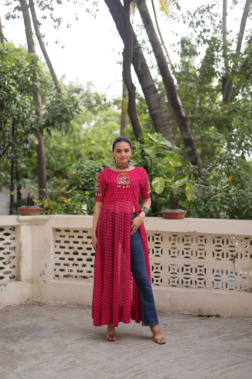 Pink Bandhani Print Kurti with Kutchi Patchwork Detailing