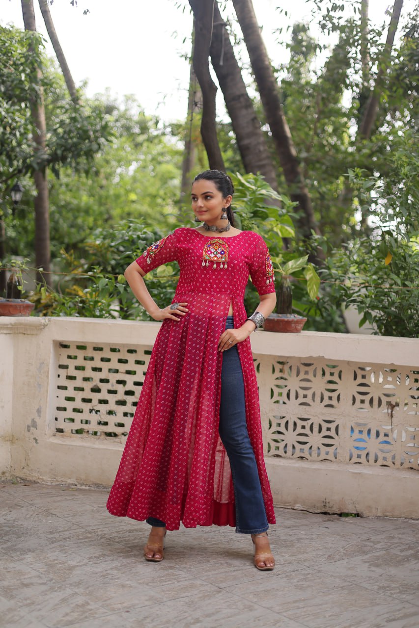 Pink Bandhani Print Kurti with Kutchi Patchwork Detailing