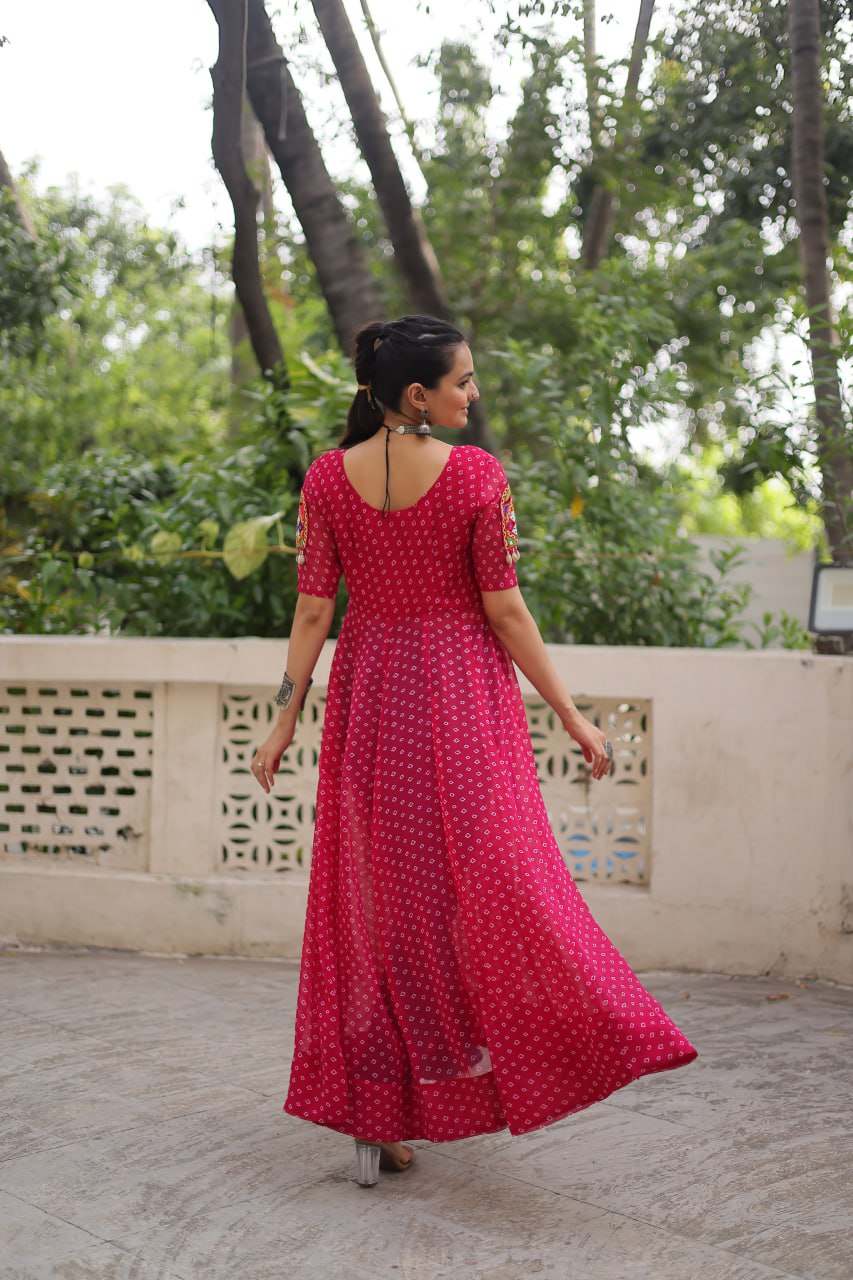 Pink Bandhani Print Kurti with Kutchi Patchwork Detailing