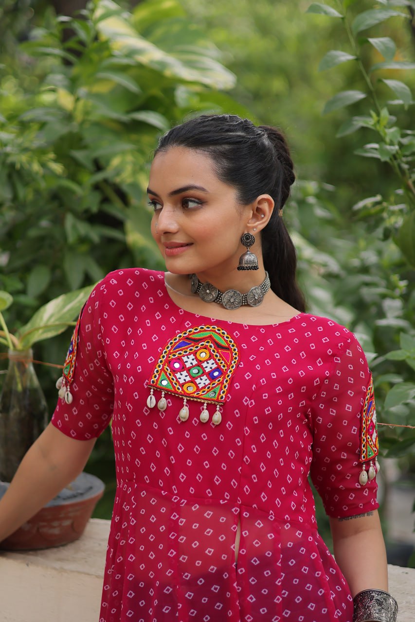 Pink Bandhani Print Kurti with Kutchi Patchwork Detailing