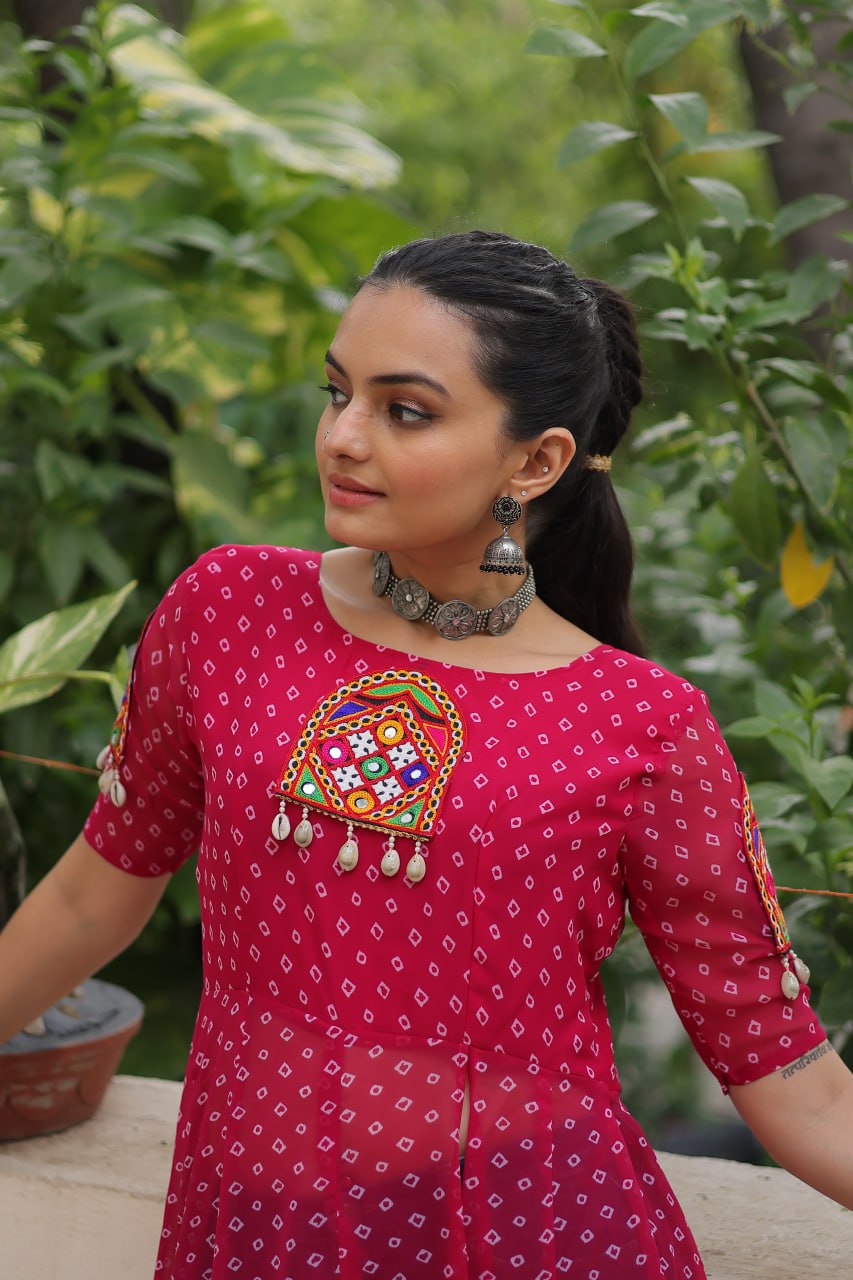Pink Bandhani Print Kurti with Kutchi Patchwork Detailing