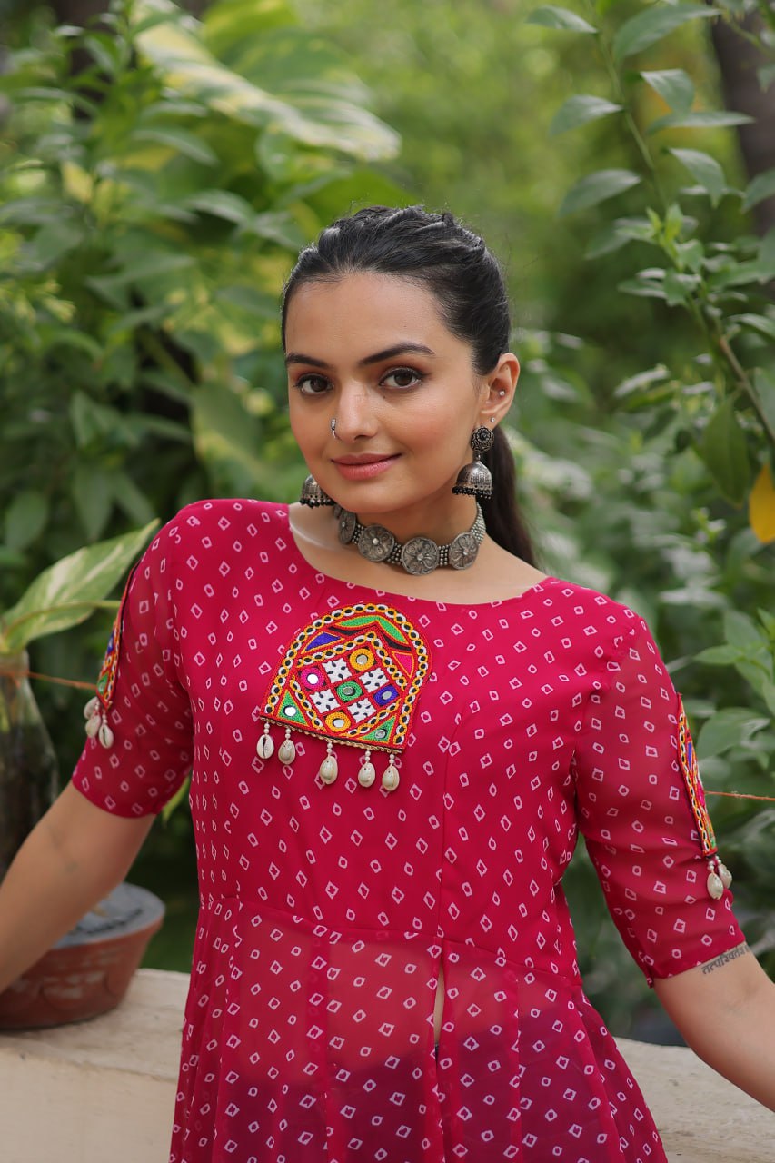 Pink Bandhani Print Kurti with Kutchi Patchwork Detailing