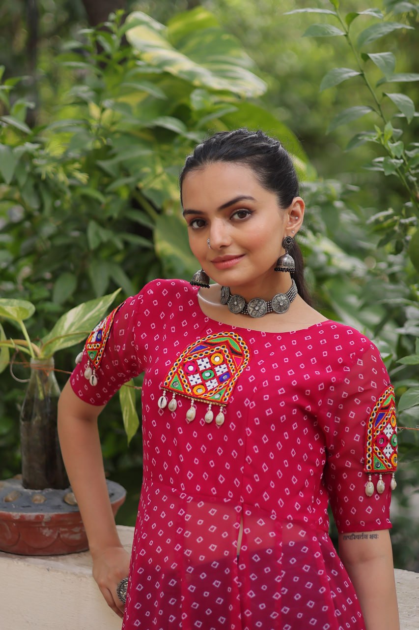 Pink Bandhani Print Kurti with Kutchi Patchwork Detailing