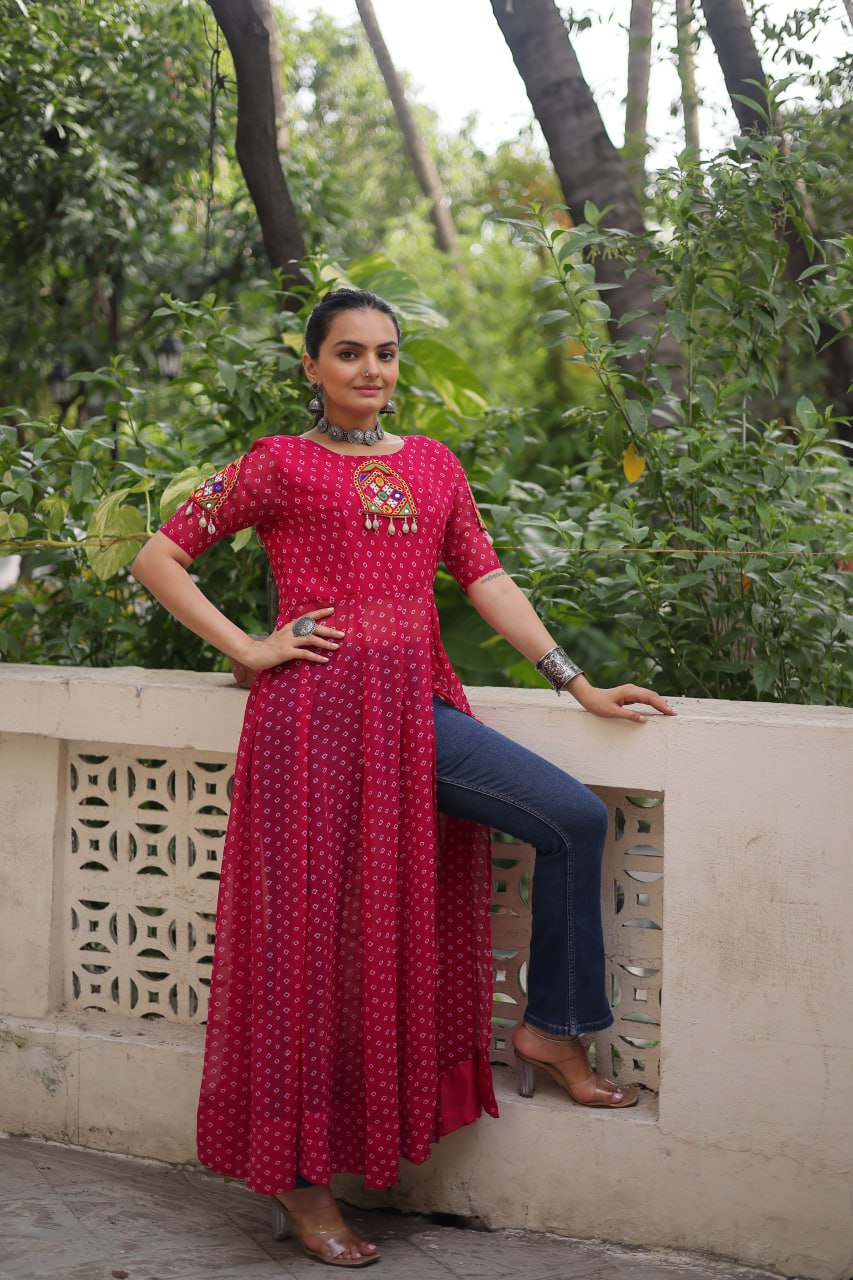Pink Bandhani Print Kurti with Kutchi Patchwork Detailing