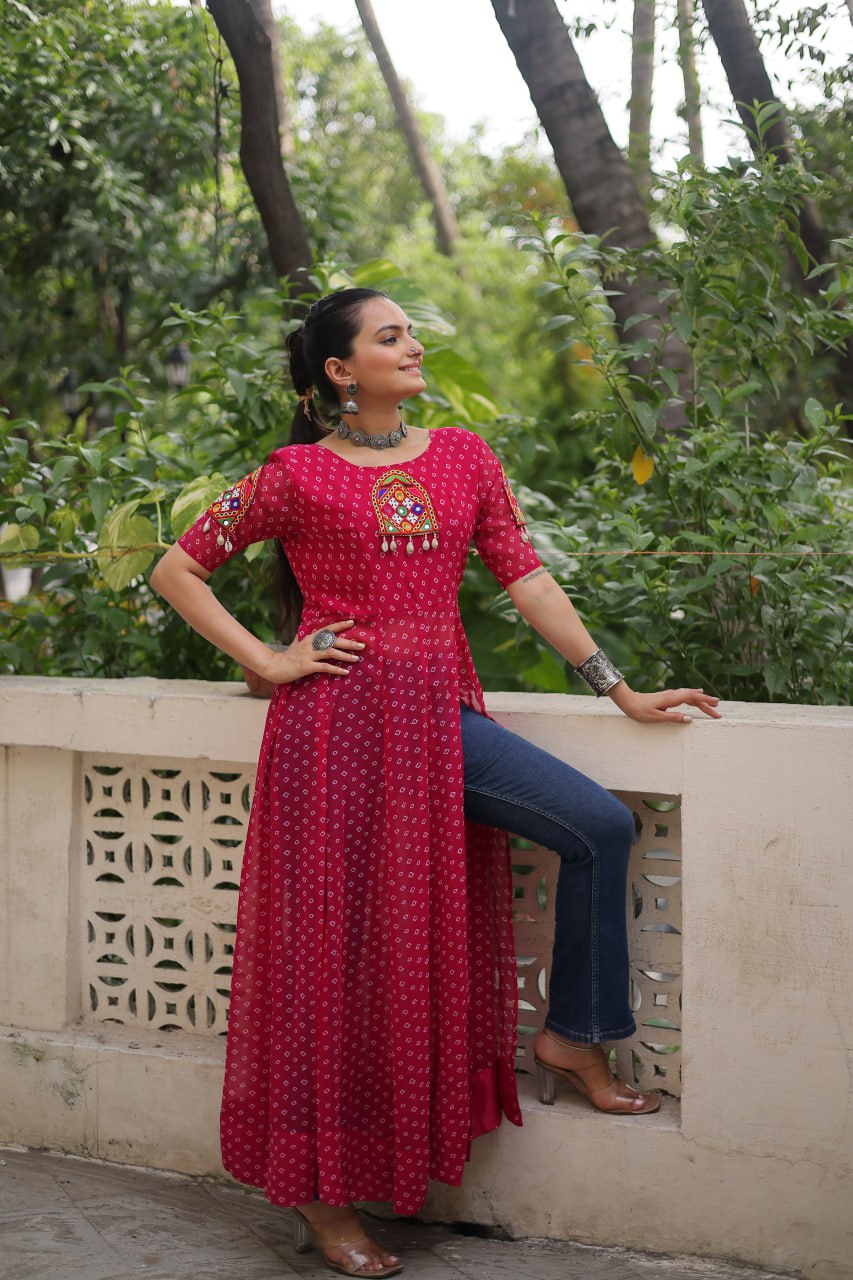 Pink Bandhani Print Kurti with Kutchi Patchwork Detailing