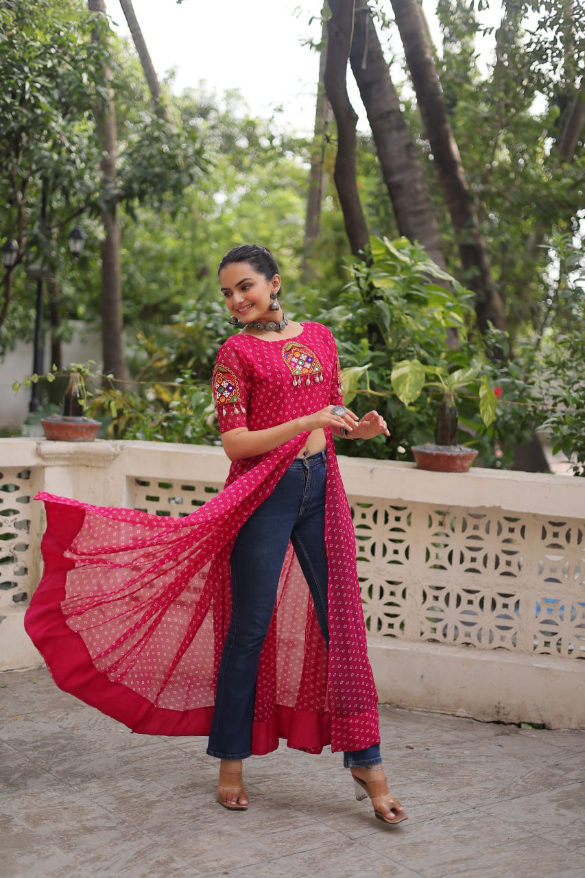 Pink Bandhani Print Kurti with Kutchi Patchwork Detailing