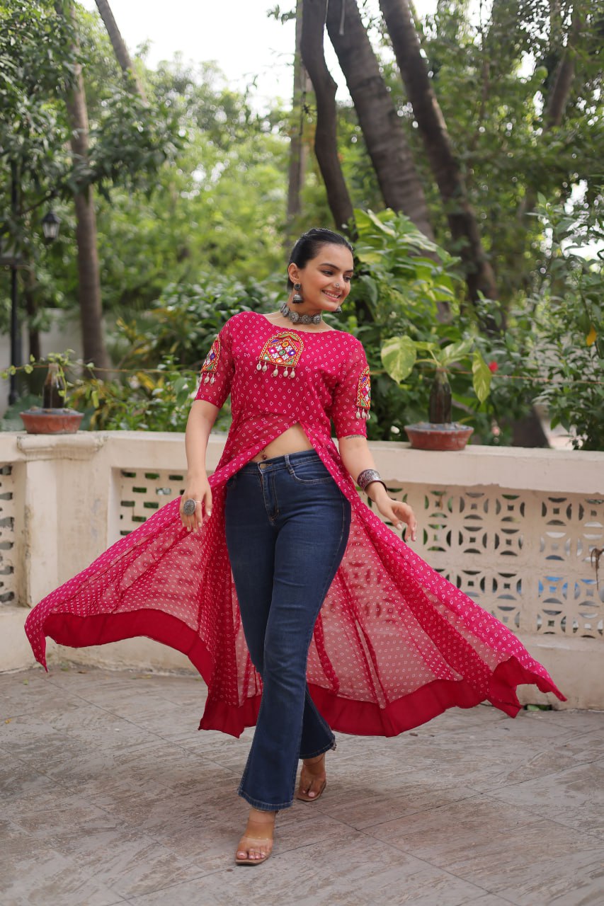 Pink Bandhani Print Kurti with Kutchi Patchwork Detailing