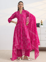Gerua Pink Bandhani Printed Cotton Blend A-Line Suit Set With Dupatta