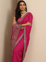Libas Pink Bandhani Printed Silk Blend Saree With Unstitched Blouse Piece