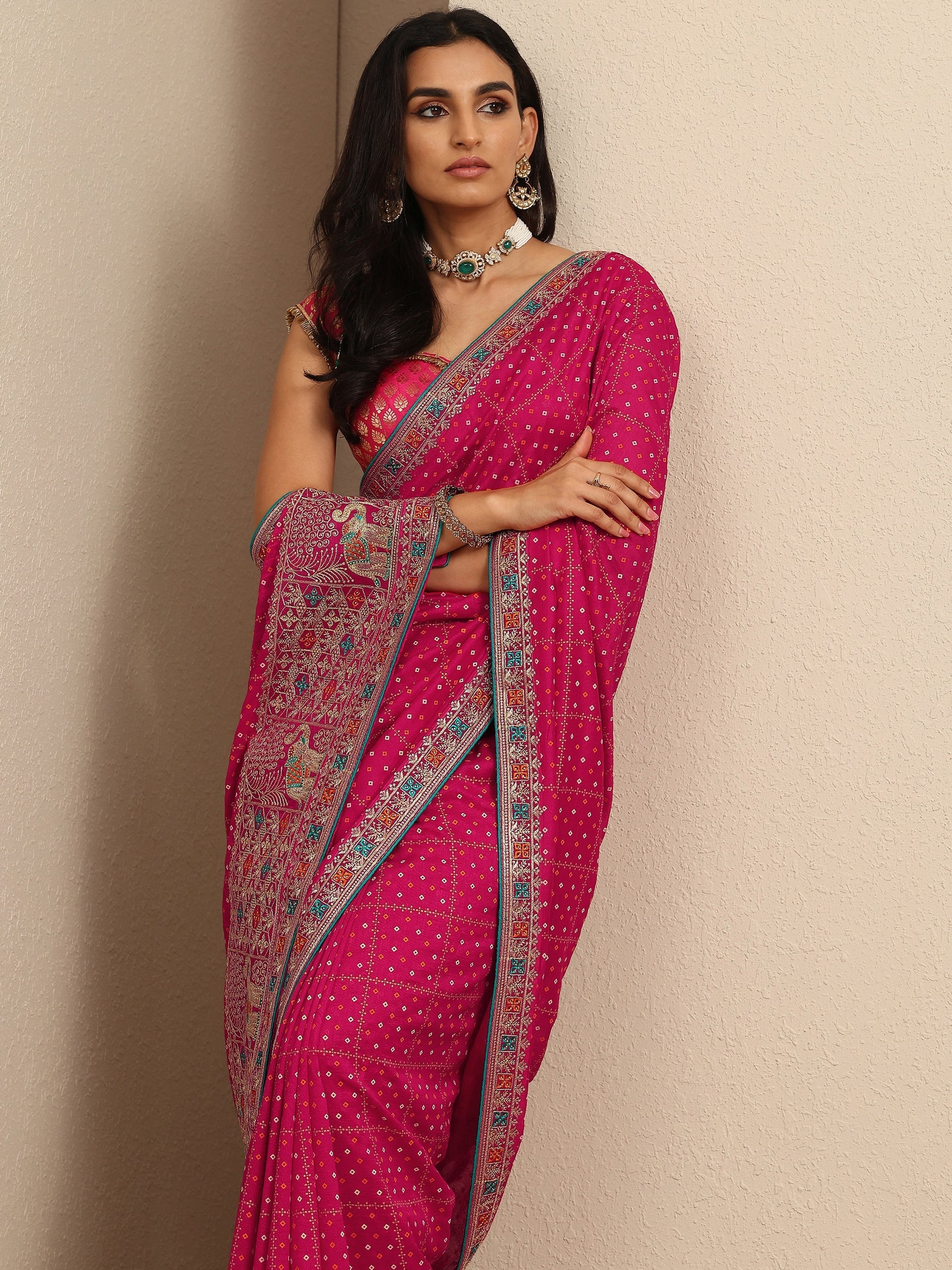 Libas Pink Bandhani Printed Silk Blend Saree With Unstitched Blouse Piece