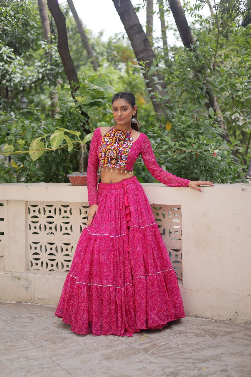 Pink Bandhej Print Faux Georgette Lehenga Choli Set with Gotta Patti & Gamthi Embroidery – Stitched