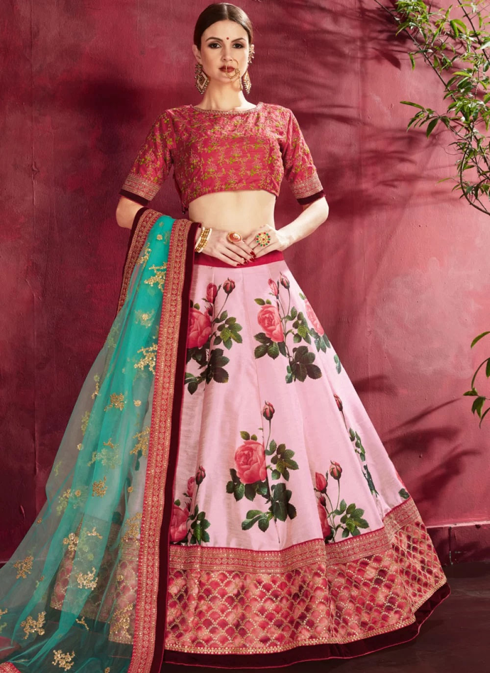 Pink bangalori silk floral print lehenga