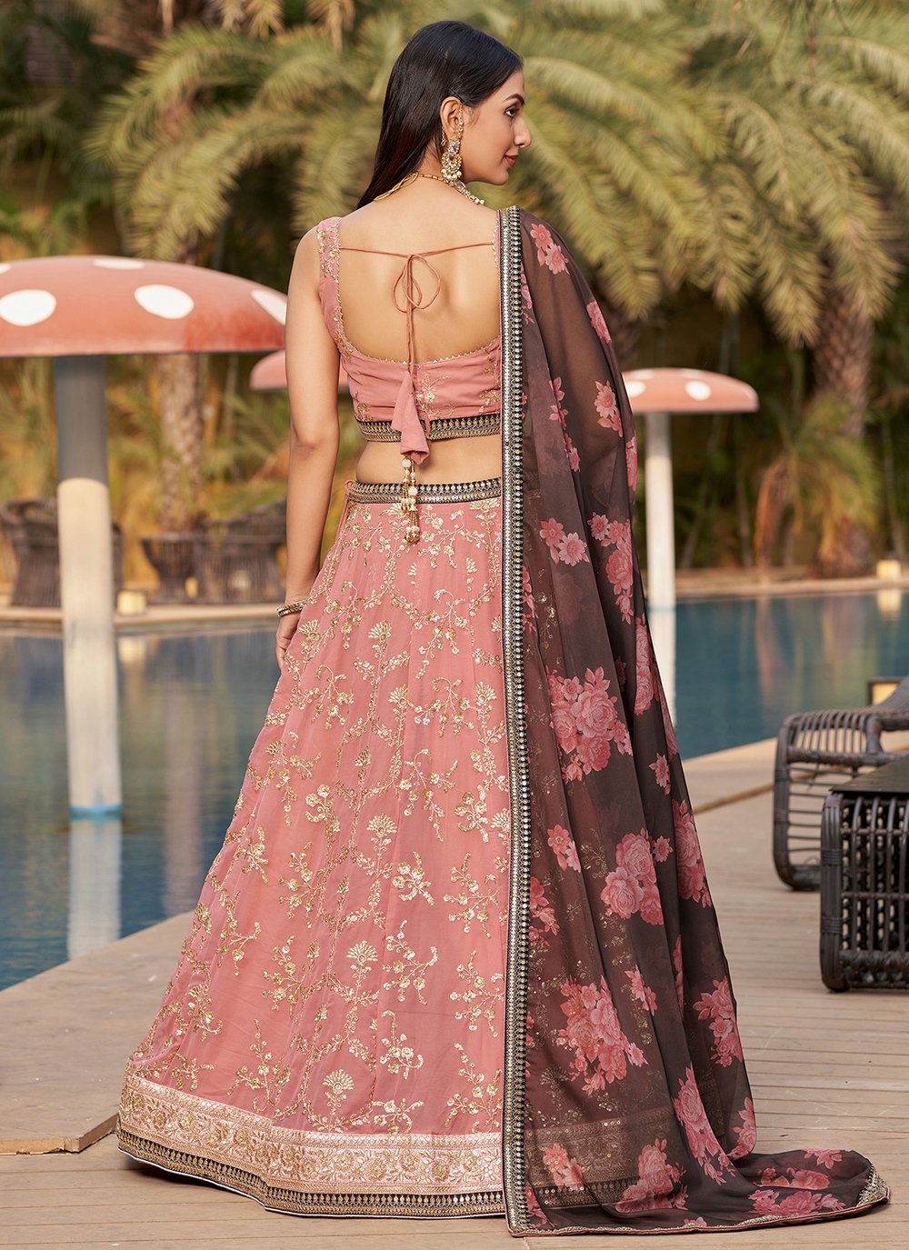 Pink brown georgette thread work bridesmaid lehenga