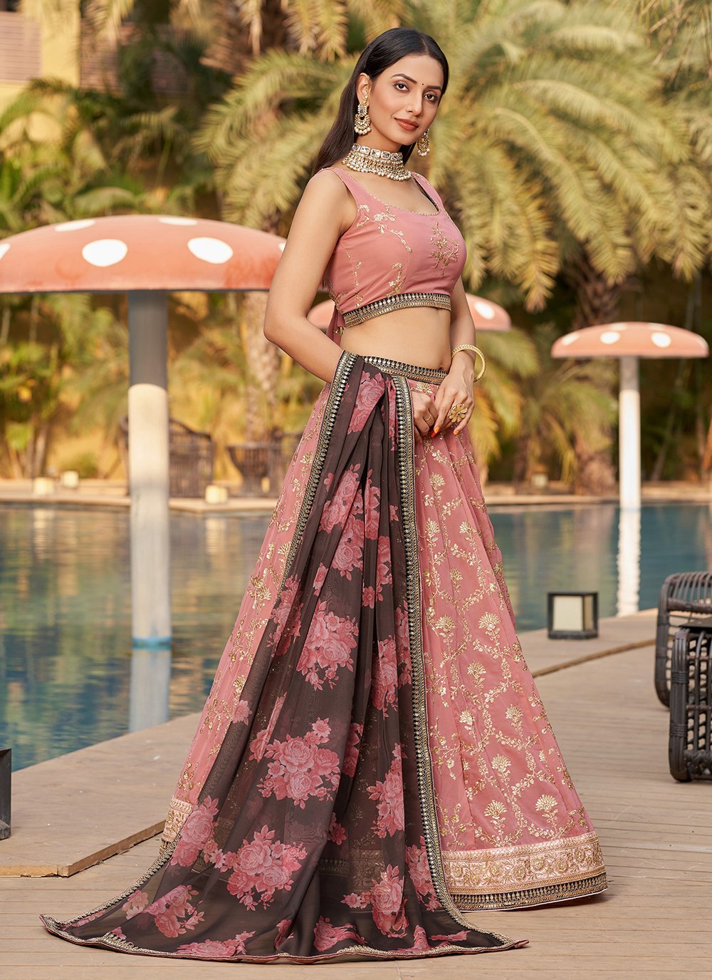 Pink brown georgette thread work bridesmaid lehenga