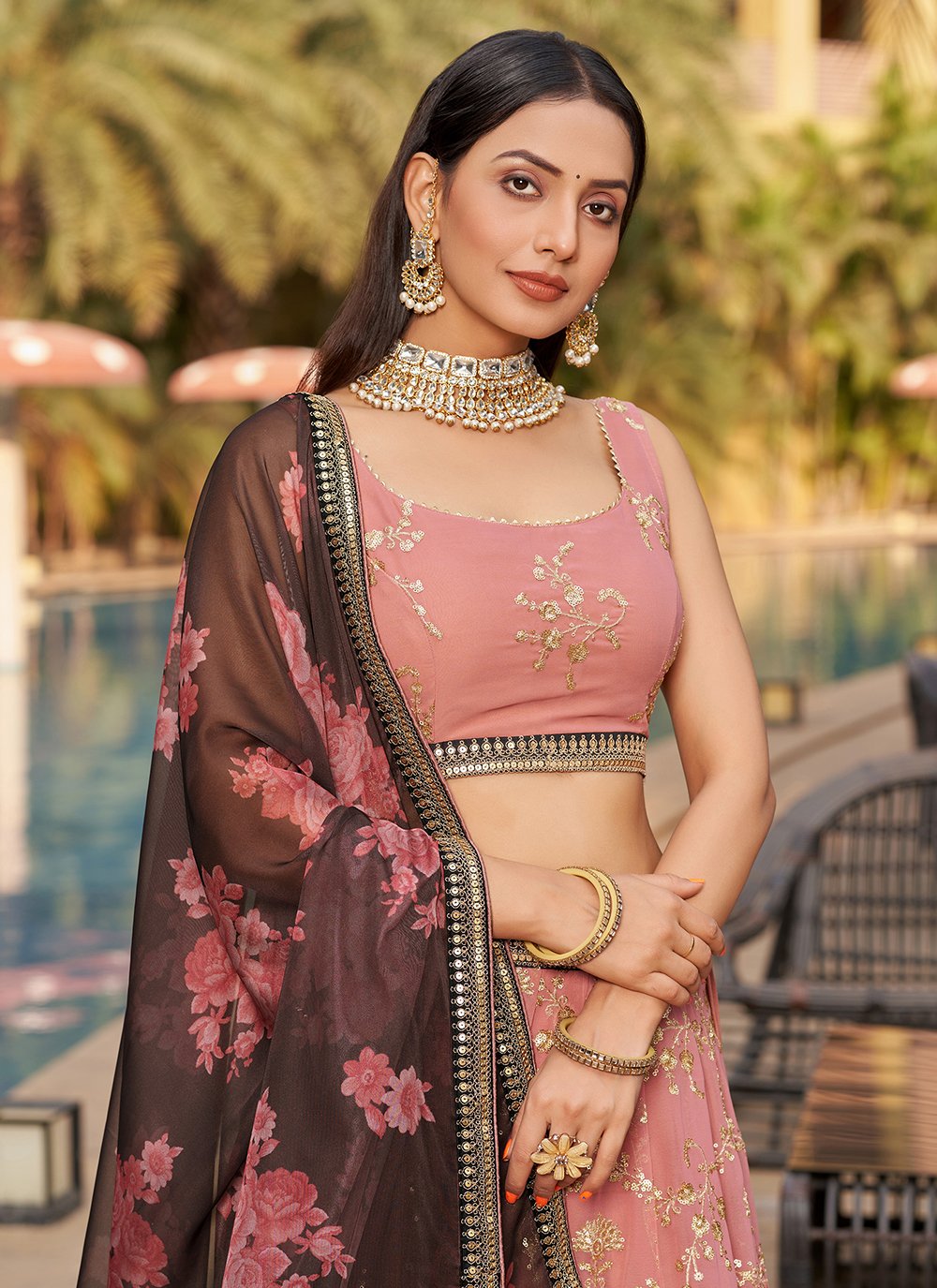 Pink brown georgette thread work bridesmaid lehenga
