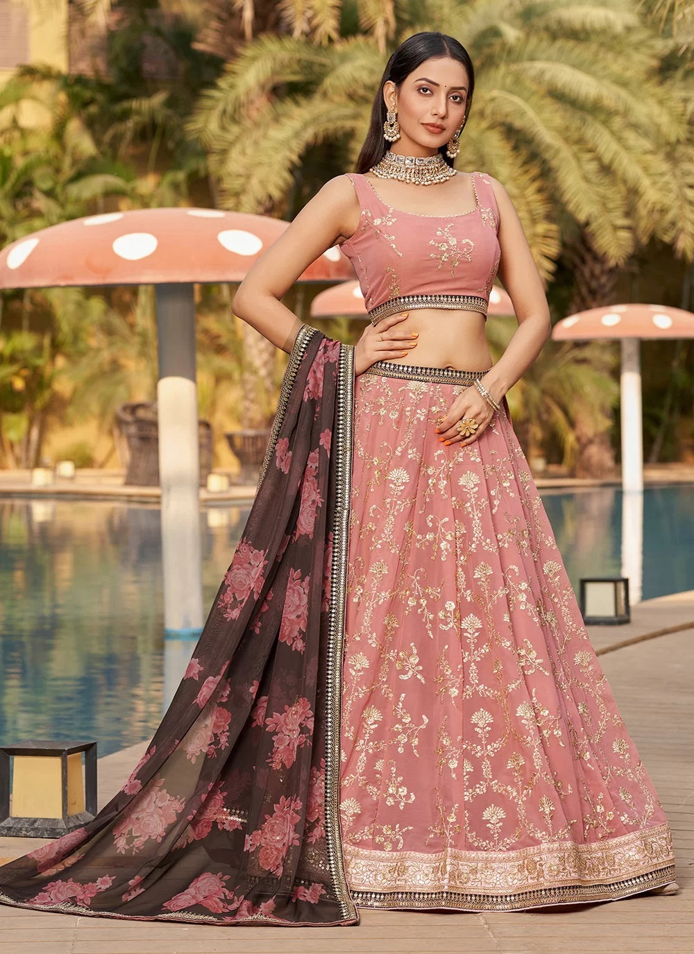 Pink brown georgette thread work bridesmaid lehenga