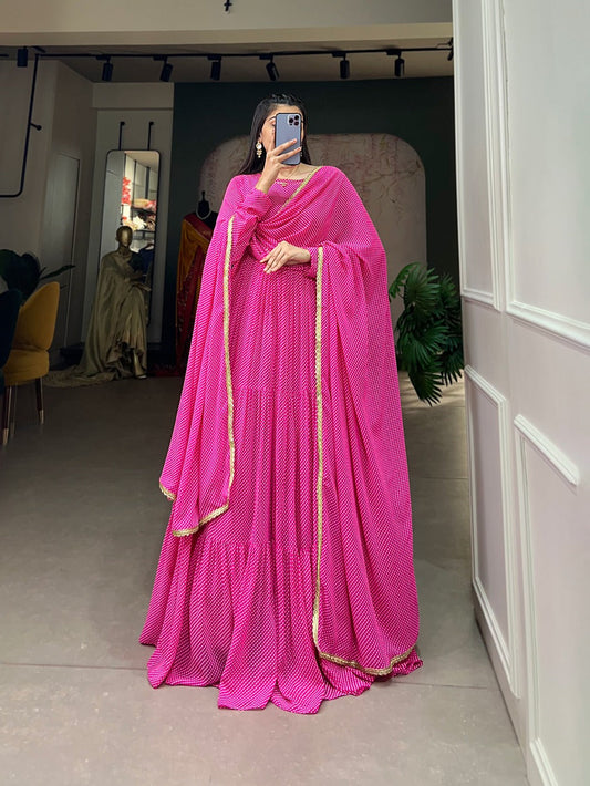 Pink Butterfly Bliss Printed Georgette Gown with Shimmering Dupatta - Ready to Wear