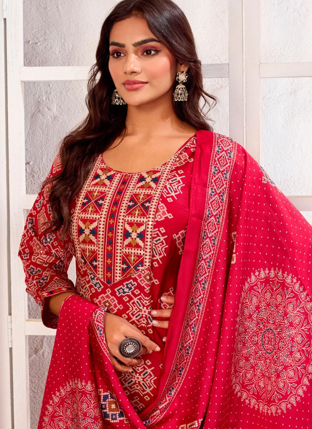 Elegant pink chanderi embroidered readymade suit set for party wear