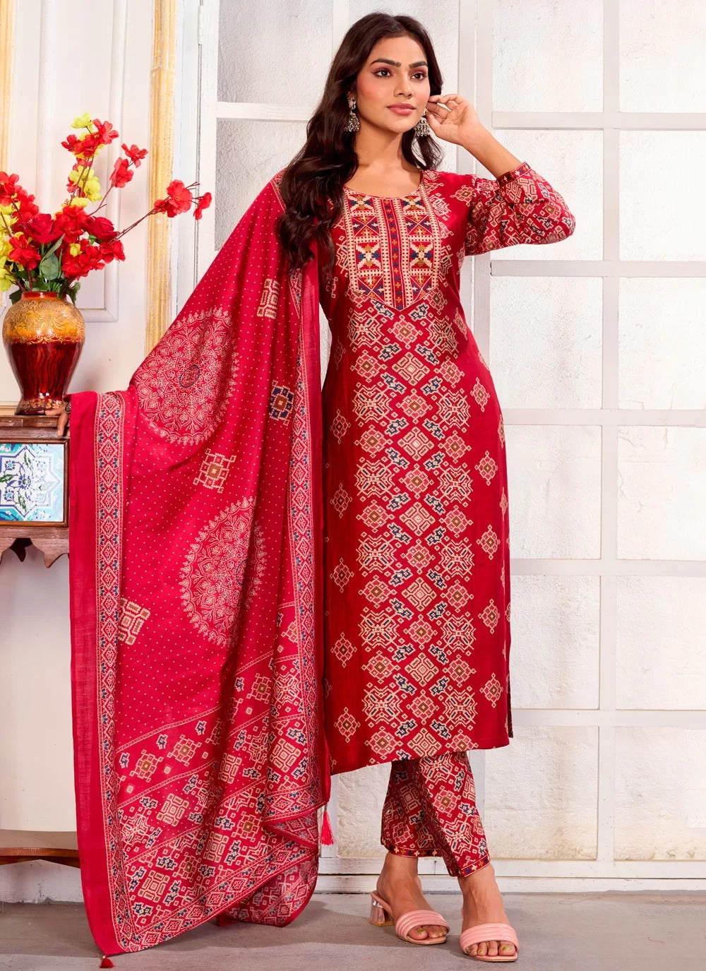Elegant pink chanderi embroidered readymade suit set for party wear