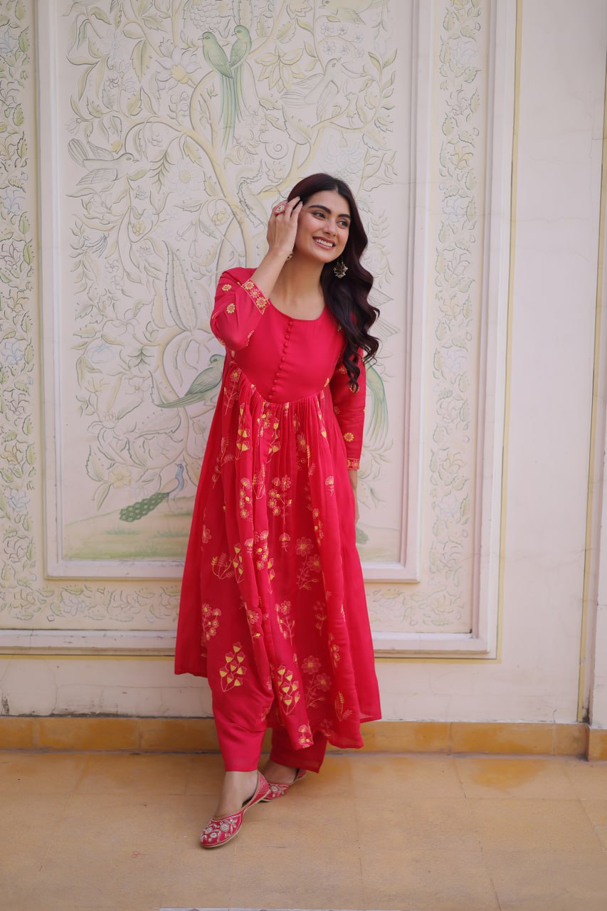 Pink Chanderi Kurti Pant Set