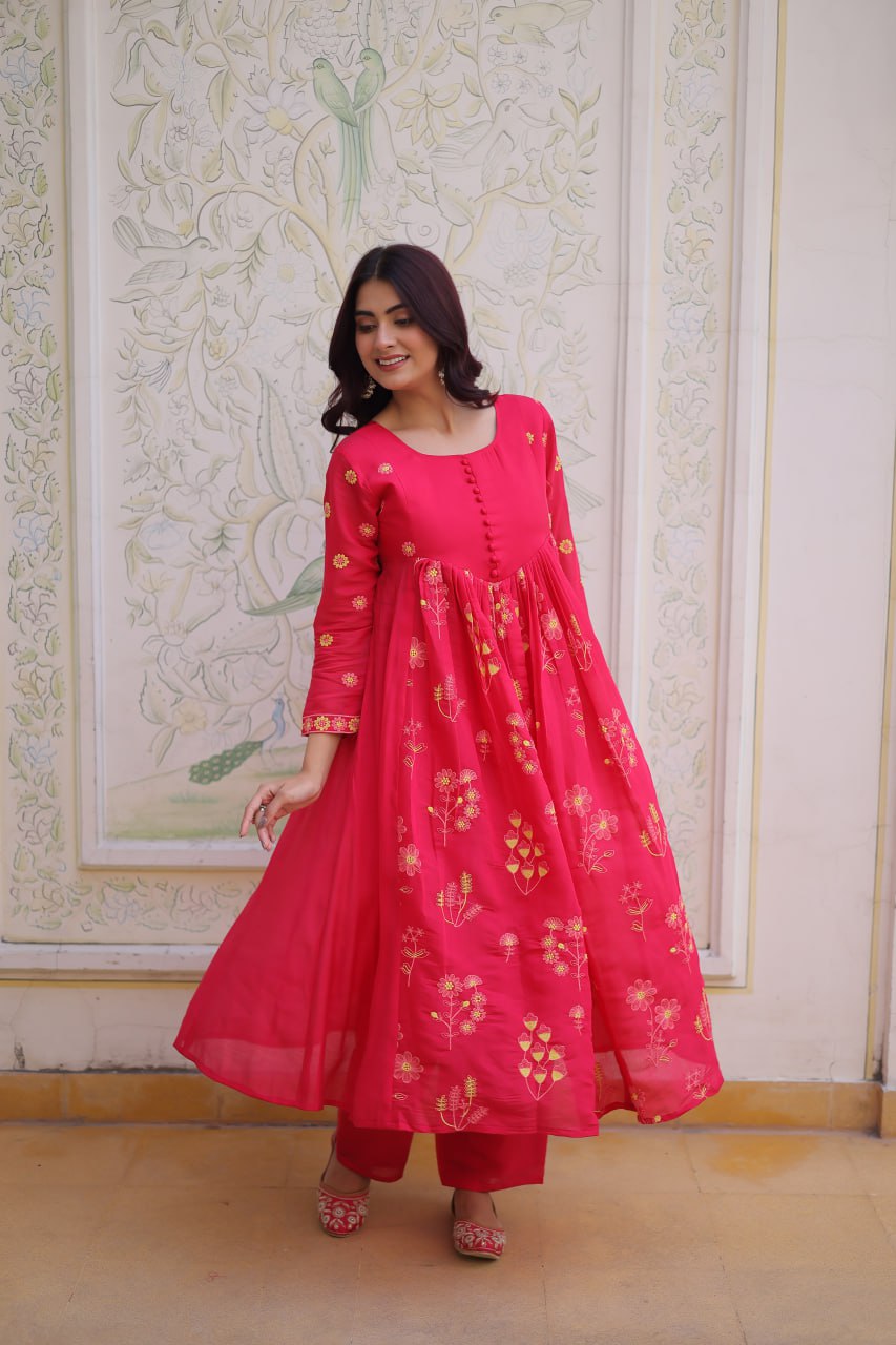 Pink Chanderi Kurti Pant Set