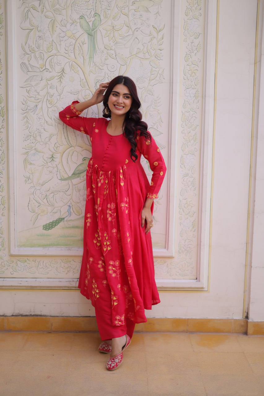 Pink Chanderi Kurti Pant Set
