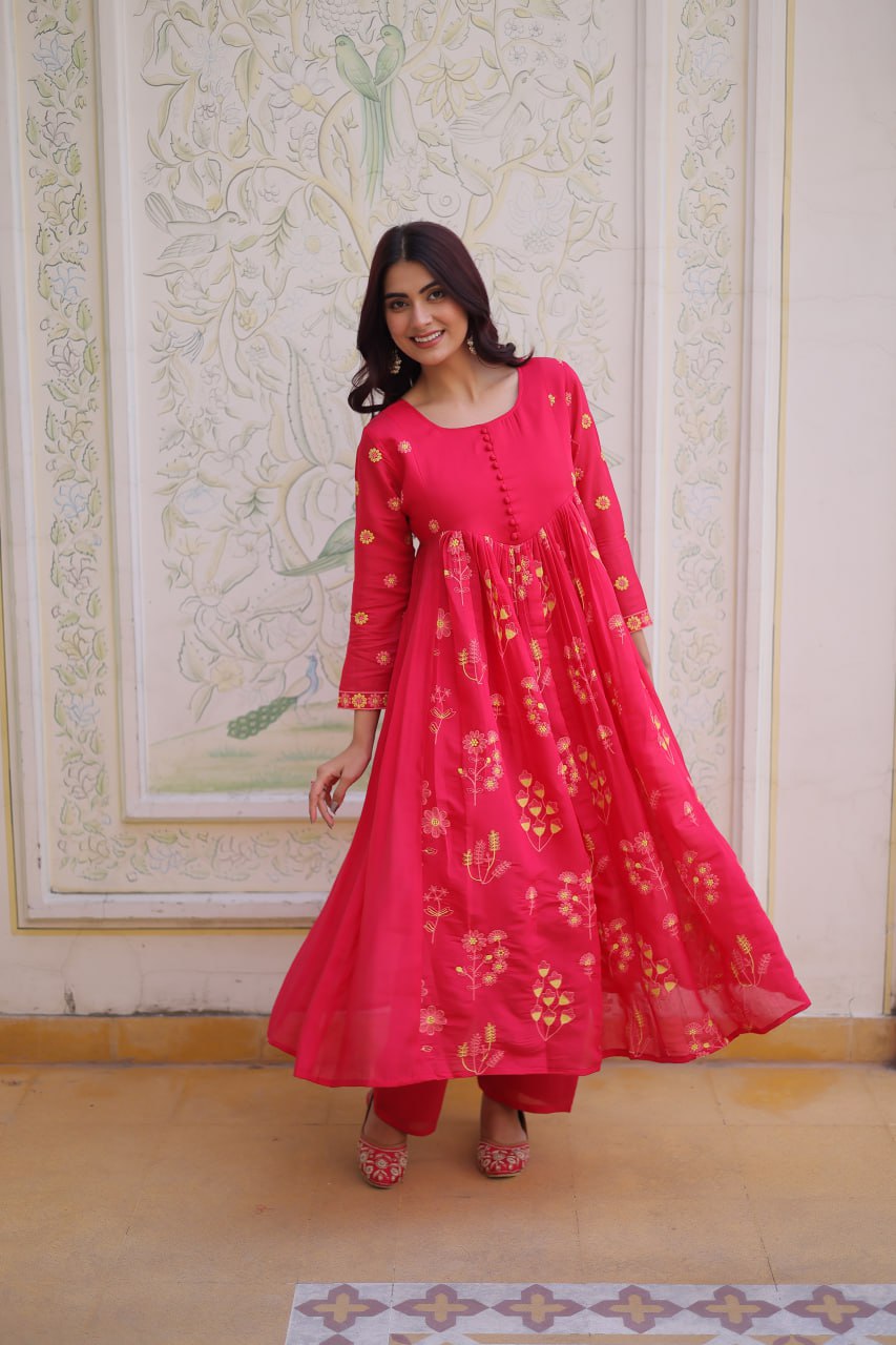 Pink Chanderi Kurti Pant Set