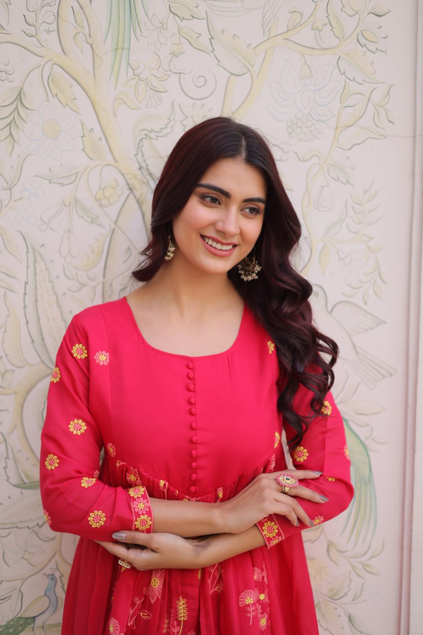 Pink Chanderi Kurti Pant Set
