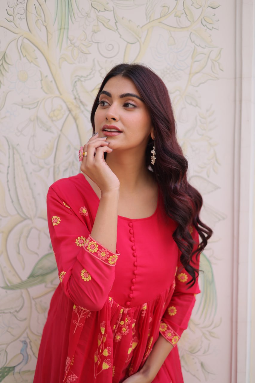 Pink Chanderi Kurti Pant Set