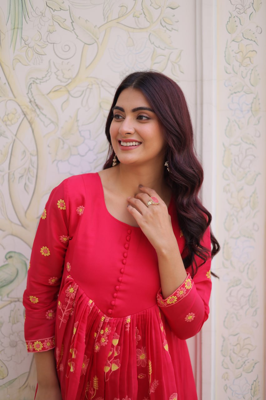 Pink Chanderi Kurti Pant Set