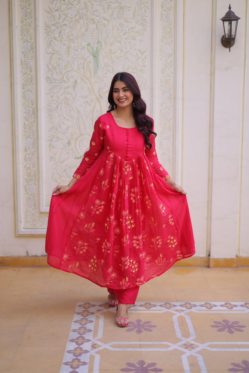 Pink Chanderi Kurti Pant Set