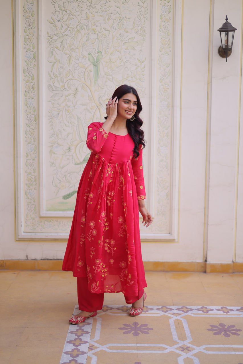 Pink Chanderi Kurti Pant Set