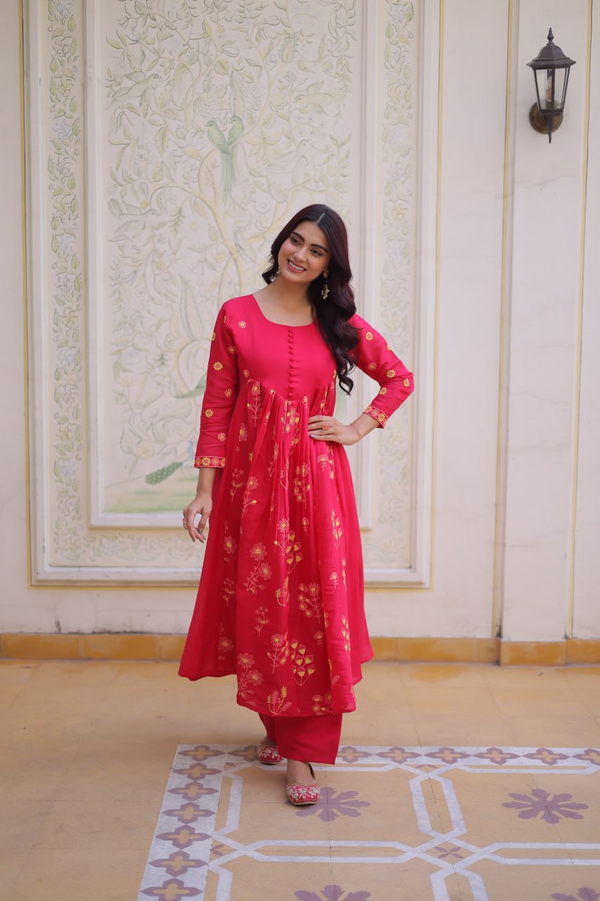 Pink Chanderi Kurti Pant Set