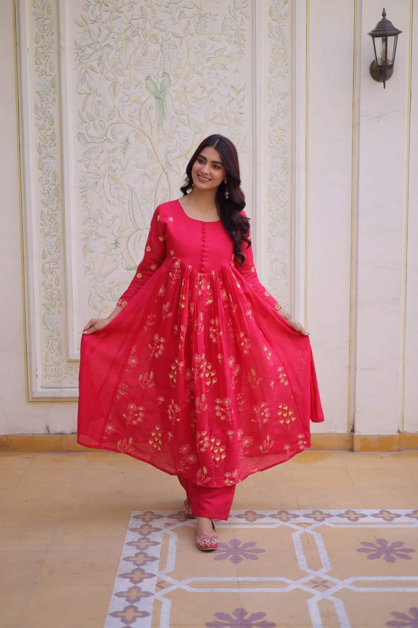 Pink Chanderi Kurti Pant Set