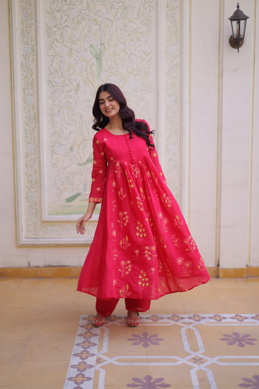 Pink Chanderi Kurti Pant Set
