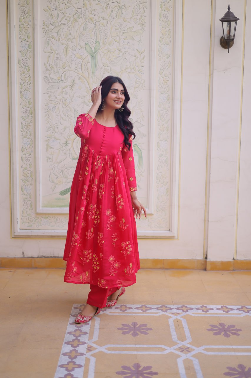 Pink Chanderi Kurti Pant Set