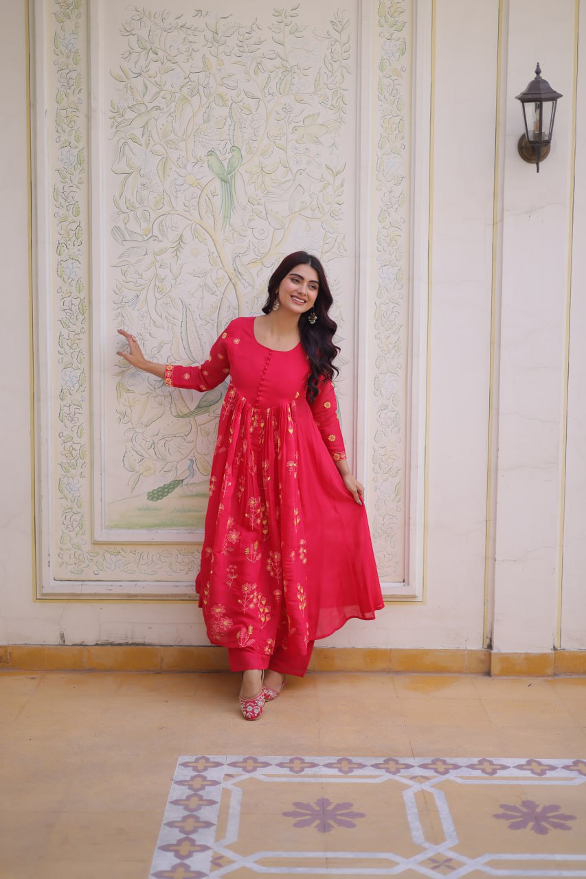 Pink Chanderi Kurti Pant Set