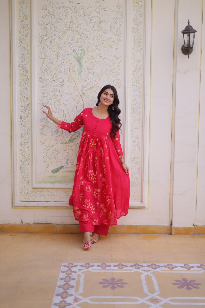 Pink Chanderi Kurti Pant Set