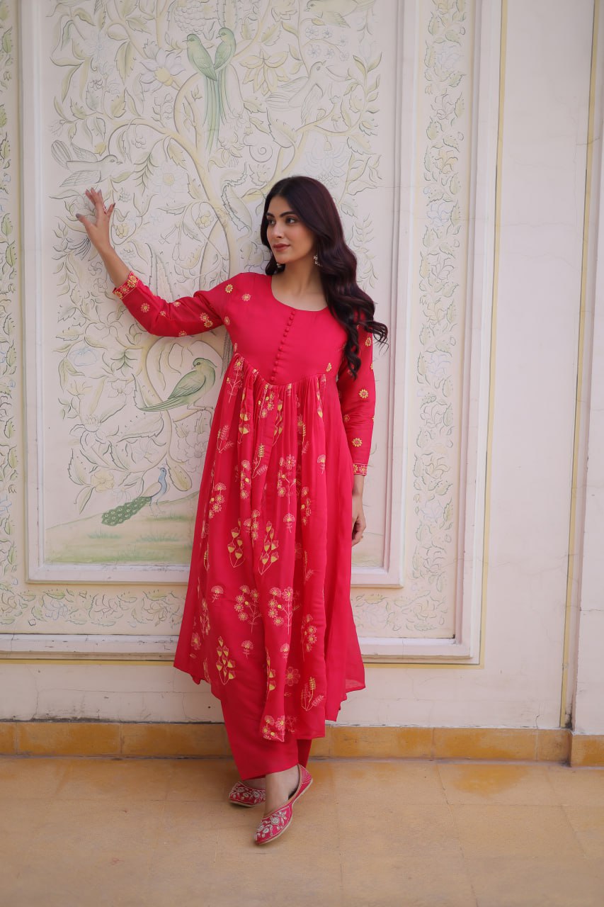Pink Chanderi Kurti Pant Set