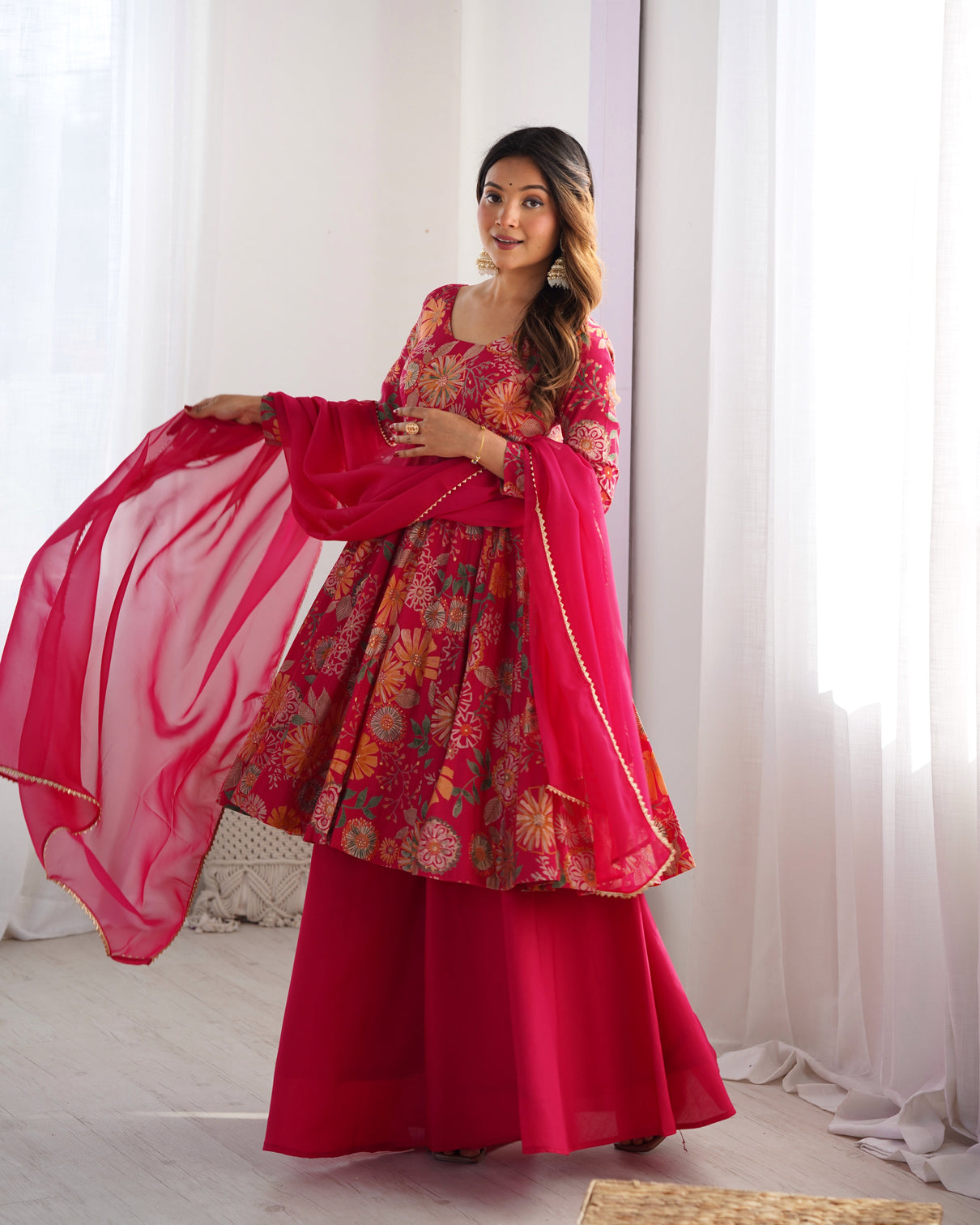 Pink Chanderi Printed Kediya Kurta Palazzo